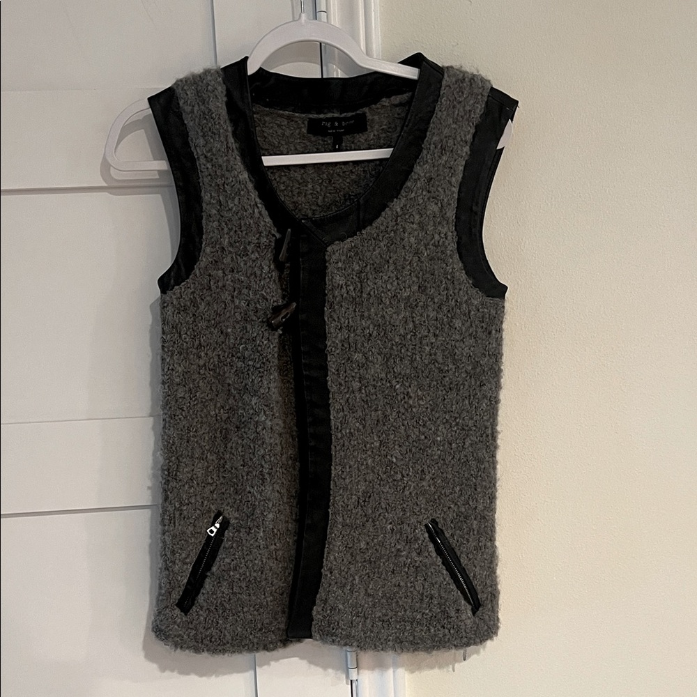 Women’s Rag & Bone Gray Wool Alpaca and Black Leather Vest with Pockets- Small